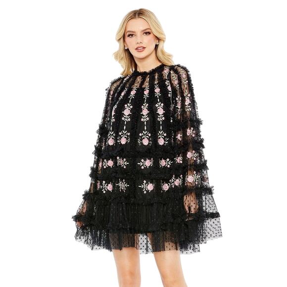Mac Duggal NWT Embroidered Long Flare Sleeve Mesh Dress in Black Multi Size 6